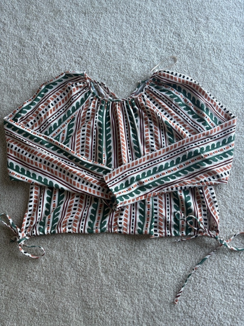 Primark Striped Peasant Top in Green, Brown & White